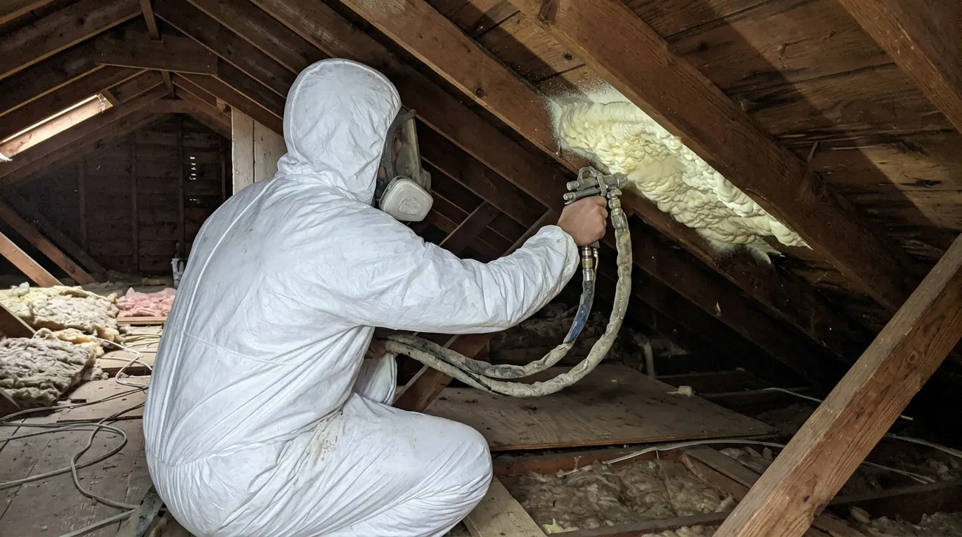Spraying foam insulation between attic rafters